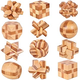 VolksRose 12pcs Wooden Brain Teaser Puzzles, IQ Challenge Puzzle Games, Logic Smart Mind Puzzle Box Lock Toy Removing Assembling 3D Small Puzzle Gift 