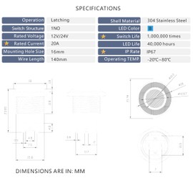 Ordentlich LED Latching Stainless Steel Push Button Switch 12-24V DC 20A 1NO On Off with Wire Socket (1, Blue, 16mm)