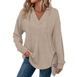 SAMPEEL Womens Tops Fall Fashion Trendy Sweaters V Neck Pullover Oversized Hoodies Apricot XL