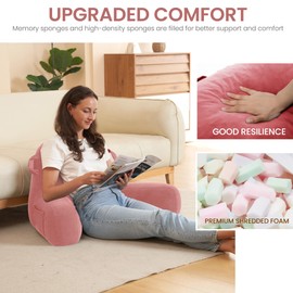Unisakey Portable Comfy Reading Pillows for Bed Sitting Up(Dark Pink), Back Pillow with Arms & Pockets for Adults, Support Memory Foam Bed Pillow for Dorm/Reading/Watching/Gaming