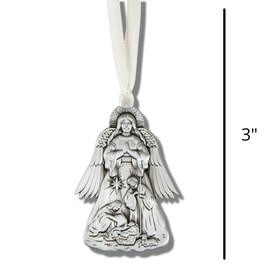 Religious Gifts Christmas Ornament, Silver Tone Guardian Angel Tree Ornaments with Holy Family Nativity Scene, 3 Inches