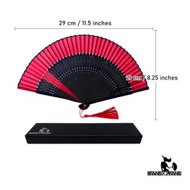 FANSOF.FANS Floral Red and Black Chinese Japanese Silk Fabric Handheld Folding Hand Fan with Pouch and Gift Box Grade A Bamboo Ribs for Women Girls Dance Event Birthday Wedding Favor Gift (Style 04)