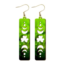TAMAWIRE St Patrick Day Wooden Earrings, Lucky Earrings, Irish Shamrock Jewelry, Moon Phase, Green Clover Shaped, Dangle Earrings, Holiday Gifts (Moon and Sun Phase)