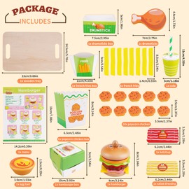 Montessori Toys Pretend Play Food Set for 3 4 5 Year Old, Wooden Fast Food Play Kitchen with Hamburger, Fries, Egg Tart, Popcorn Chicken, Drumsticks, Cola, Christmas Birthday Gifts Kids Boys Girls