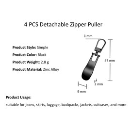 Pack of 4 Black Zipper Pull, Metal Zip Tags Cord Pulls, Zip Puller Replacement for Backpacks, Bags, Luggage, Suitcases, Jackets
