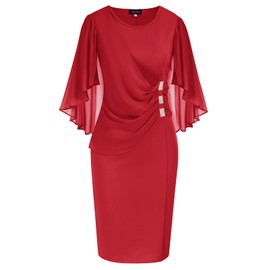 Women's Floral Fake Two Pieces Dress Caplet with Rhinestone Wedding Guest Dresses Red Large