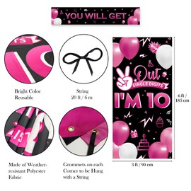 HTDZZI Peace Out Single Digits I’m 10 Backdrop - Happy 10th Birthday Decorations for Girl, Fabric Double Digits Photo Prop Banner, Indoor Outdoor Party Decor for 10 Years Old Girl, Door Sign Hot Pink