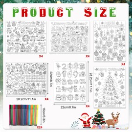 HOWAF 24pcs Christmas Coloring Placemats, Color-Your-Own Christmas Countdown Paper Mat for Home Kitchen Dining Table Decorations, 25 Days Christmas Advent Coloring Activity Table Mat Sheets