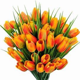 FOUSUKA Artificial Tulips Fake Flowers Outdoor UV Resistant 4 Bundles 40 Heads Silk Tulip Faux Plastic Greenery Plants Flower for Home Outside Garden Porch Window Planters Decor (Orange)