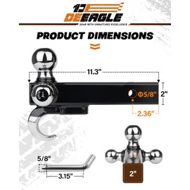 DEEAGLE 3 Ball Hitch with Hook, Tri Ball Hitch, 1-7/8", 2" and 2-5/16" Ball, Fit 2” Hitch Receiver, Heavy Duty Ball Hitch