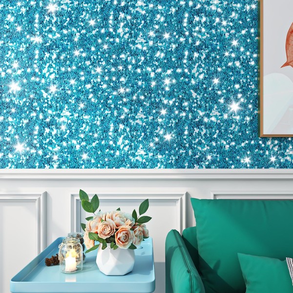 ReWallpaper 24in x 16.5ft Teal Glitter Peel and Stick Wallpaper