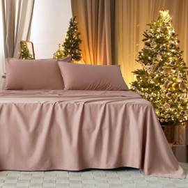 Double Stitch Queen Sheet Set - Luxury Cotton Tencel Eucalyptus Bed Sheets Deep Pocket, 4 Pc Soft Hotel Bedding Set Cooling Breathable, 1 Fitted Sheet & 1 Flat Sheet & 2 Pillowcases, Dusty Mauve