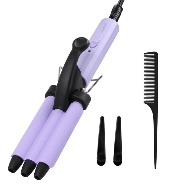 Mini Hair Crimper, janelove 1/2 Inch Beach Waves Curling Iron, Hair Waver for Short & Medium Hair with 3 Ceramic Barrels, Home and Travel Friendly Crimper Hair Tool, Dual Voltage, 392℉ Fast Heating