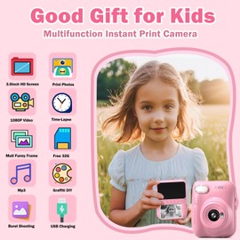 Kids Camera Instant Print,3.0HD Inch Screen Kids Instant Camera,Boys Girls Christmas Birthday Gifts Toy for 3 4 5 6 7 8 9 10 Year Old,Toddler Portable Toy with 32GB Card(Pink)