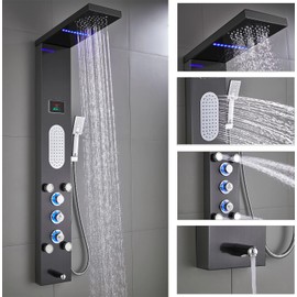 ELLO&ALLO LED Shower Panel Tower System, Rainfall and Mist Head Rain Massage Stainless Steel Shower Fixtures with Adjustable Body Jets, Brushed Black