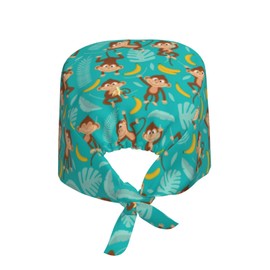 Monkey Banana Palm Trees Tropical Adjustable Working Cap Breathable Unisex Women Men Elastic Bandage Tie Back Hats Scrub Nursing Doctor Surgeon Cap