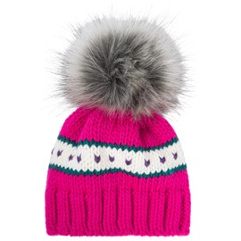 styleBREAKER 04024209 Children's Knitted Bobble Hat with Heart Pattern and Thermal Fleece Lining, Winter Fur Bobble Hat, 3-5 Years, pink