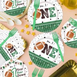 EUOYUFO First Year Down Birthday Party Decorations 96PCS Football 1st Plates and Napkins Party Supplies 1st Year Down Football Birthday Decorations Game Day Football Themed Tableware Set Serves 24