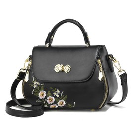 liuzhijiao Women Flip up Embroidered Satchel Lightweight Small Totes Top Handle Purses and Handbag Crossbody Shoulderbag for Lady,Black