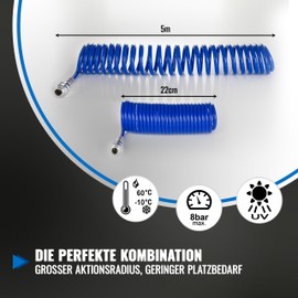 Poppstar Spiral Compressed Air Hose 5 m PU (5 mm x 8 mm Diameter) Spiral Hose Compressed Air with Kink Protection and Quick Coupling NW 7.2