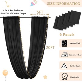 MODFUNS Black Ceiling Drapes Wedding Arch Draping Fabric 5x20ft 6 Panels Chiffon Sheer Ceiling Curtain Elegant Ceiling Draping Fabric for Wedding Ceremony Party Ceiling Decoration