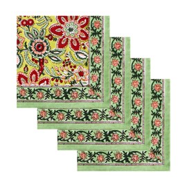 Handblock Print Cotton Napkins Set of 4, Yellow Green Washable and Durable Everyday Use Cloth Napkins for Picnic Party Dining Kitchen Home Decor Mother's Day Gifting 20 X 20 Inches