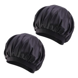 FSSTUD Silky Sleep Cap, Satin Lined, Adjustable Night Sleep Cap, Wide Brim, Hair Protection Cap, Elastic Band, Sleep Cap for Kids and Women, Black, 2 Pieces, Black, 30 cm, black