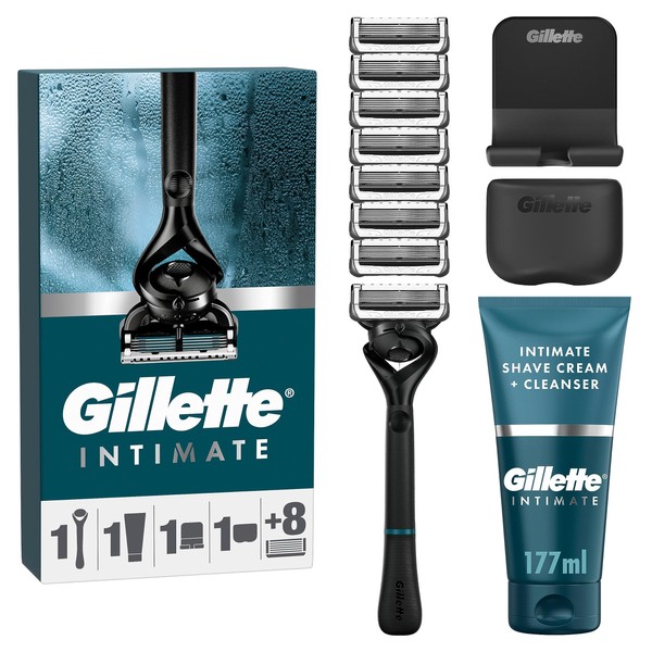 Gillette Intimate Set, Men's Wet Razor, Razor + 8 Razor Blades + 2-in-1 Shaving and Shower Cream 177 ml + Includes Shower Hook & Travel Case, Gift for Men