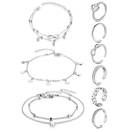 JFORYOU Anklets and Toe Ring Set for Women Girl Silver Rose Gold Chain Layered Anklets Toe Rings Ankle Bracelets Open Adjustable Toe Rings Beach Foot Jewelry