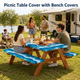 Emwwat Picnic Table Cover with Bench Covers, Waterproof Elastic Corner Fitted Tablecloth for 6 Foot Rectangle Tables, Washable Camping Table Cover Set for Picnic Outdoor BBQ