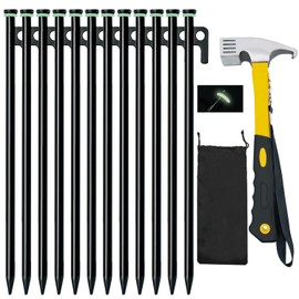 12 Pack Tent Stake with Hammer, 16in Heavy Duty Tent Stakes + 10in Camping Hammer+Storage Pouch, Forged Steel Tent Stakes for Camping Used on Rocks(12 Pack 16in Stakes+Hammer
