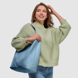 Italian Genuine Leather Hobo Bag for Women with Zipper | Slouchy Soft Unlined Real Cowhide Shoulder Handbag Large Tote Purse (Denim)