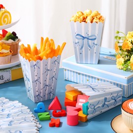 Fullhawl 24 Pcs Blue Bow Mini Popcorn Boxes Blue and White Bulk Popcorn Containers Open Top Goodies Treat Candy Bags for Wedding Baby Shower Party Supplies