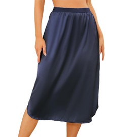 Wikoan Underskirt Women's Petticoat Soft Underskirt Long Petticoat Elegant Invisible Lace Skirt Underdress Satin S-XXL, navy