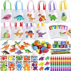 Toyssa Dino Party Bag Fillers, Colour Your Own Party Bag & Stacking Crayons & Dino Figures Dino Eggs & Snap Bracelet & Dinosaur Pinata Party Bags Fillers Birthday Party Supplies for Kids Boys