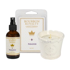 Bourbon Royalty Air Freshener Spray 4 Oz Glass Bottle, Wax Melt Cubes, and 3 Oz Marquis Jar Candle, Ceramic with Premium Hand Poured Wax, Paradise - Set of 3