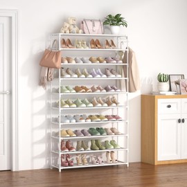 LANTEFUL LANTEFUL 10 Tiers Shoe Rack 50 Pairs Large Capacity Tall Shoe Organizer Sturdy Shoe Storage with Two Hooks Space Saving Metal Wide Shoe Rack for Closet, Entryway, Bedroom, White