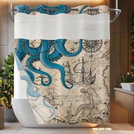 Fungarth Vintage Nautical Octopus No Hook Shower Curtain with Snap in Liner Navy Blue Funny Ocean Mermaid Hookless Shower Curtains for Bathroom Coastal Map Waterproof Fabric Bath Curtain Decor 71×74In