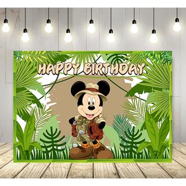 Basifoto Green Wild Backdrop, 5x3ft, Polyester, for Mickey Safari Birthday Party Supply, Caketable Decorations, Photo Booth, Wallpaper, Curtain, Wall Background