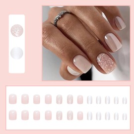 Pack of 24 Artificial Nails, Short Square, Nude Glitter French Artificial Nails, Fingernails for Sticking, Frosted Ballerina Acrylic False Nails, Press On Nails with Nail Glue Stickers for Women