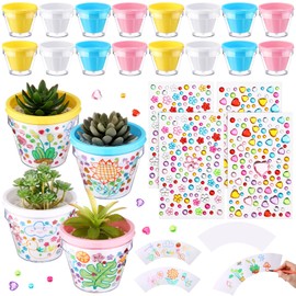 SiliFine 24 Set Spring Crafts for Kids DIY Flower Pots for Kids Flower Growing Kit 4 Gem Stickers 24 Pots DIY Cards Plastic Garden Flower Pots Bulk Mother's Day Gift Classroom Home Activity Project