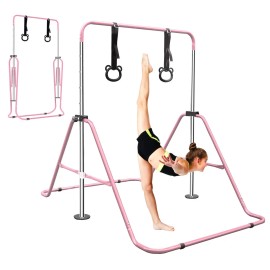 Pink Adjustable Gymnastic Bar With Rings For Children Stainless Steel Multi Functional Training EquipmentColor: as Pic Color