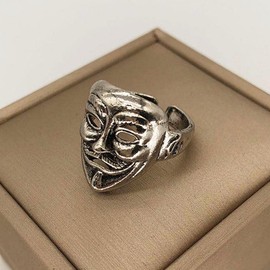 Auriselle Men's Ring Adjustable Cute Puppy Spit Ring/Lion Head/Bat/Eagle/Face Mask/Cleric Vintage Viking Retro Open Ring Thumb Ring Punk for Men Boys Father, Metal