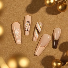 Christmas Press on Nails Long Coffin Fake Nails French Tip False Nails with Gingerbread Man and Snowflake Design Brown Acrylic Nails Glossy Glue on Nails Stick on Nails for Women Manicure Art 24Pcs