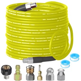 Selkie Pressure Washer Sewer Jetter Kit - 100Ft X1/4" Hydro Drain Jetter Cleaner Hose, Corner, Rotating and Button Nose Sewer Jetting Nozzle Waterproof Tape,Orifice 4.0 4.5,1/4 Inch NPT,5800 PSI