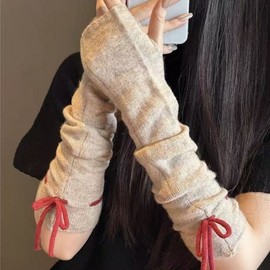 Women's Autumn/Winter New Ribbon Belted Knit Open Finger Thermal Arm Warmers for Cycling Gloves Khaki 10ea