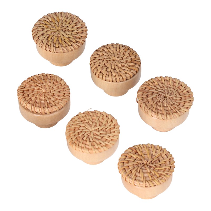 6pcs Round Drawer Knobs Wood Rattan Woven Handmade Drawer Pulls