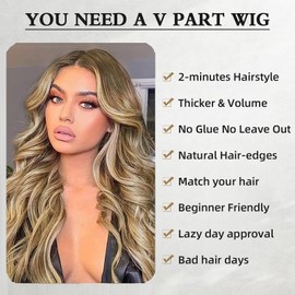 Aisaide Honey Blonde V Part Wig Body Wave Half Wigs for Black Women Long Wavy Wig Ombre Highlight Brown Upgrade Vpart Wig Glueless No Leave Out Ash Blonde V Part Wig for Black Women