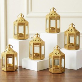 Vela Lanterns Mini farolillos marroquíes de Metal pequeños de 4,5 Pulgadas, portavelas Decorativo para centros de Mesa, decoración del hogar, Bodas, Dorado, Juego de 6
