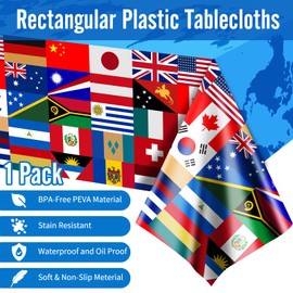 1 Pack Plastic Rectangle International World Flag Table Cloth, Disposable and Recyclable Table Cover for International Communication Theme Kids Party Indoor Outdoor Decorations（7.2×4.2ft）